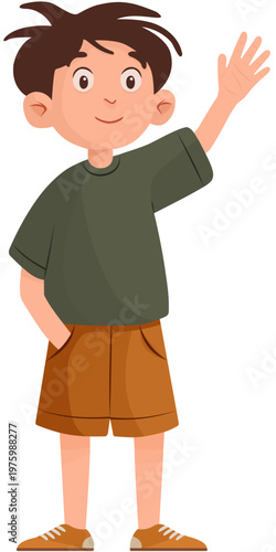 Cartoon boy with brown hair wearing shorts waving illustration