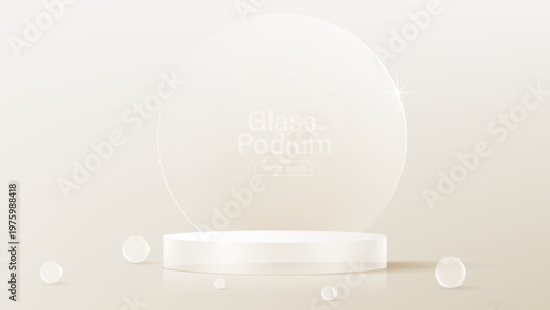 3D glass transparent crystal. Empty cylindrical pedestal. 3D cylinder and cube glass platforms set background. Vector realistic illustration of transparent plastic round and square