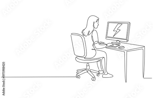 Businesswoman working at desk with computer screen showing lightning bolt symbol line art businesswoman computer electricity overload technology internet information communication keyboard
