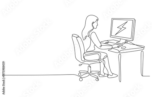 Businesswoman working at desk with computer screen showing lightning bolt symbol line art businesswoman computer electricity overload technology internet information communication keyboard
