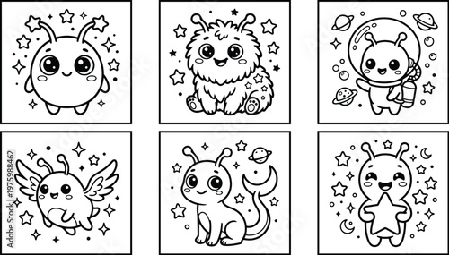 Cute kawaii alien creature coloring sheet set six square panels showing smiling astronaut with backpack winged buddy fluffy mermaid tail holding star surrounded by space stars