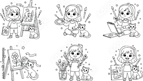 Cute line art girl with paintbrushes and easel painting a cat portrait sitting with kitten coloring page style close up front view playful illustration for kids