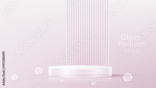 3D glass transparent crystal. Empty cylindrical pedestal. 3D cylinder and cube glass platforms set background. Vector realistic illustration of transparent plastic round and square