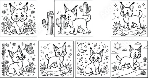 Line art coloring pages close up cute lynx kitten looking at camera sitting and walking in desert cactus meadow rock panels black and white illustration set