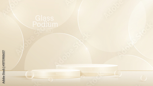 3D glass transparent crystal. Empty cylindrical pedestal. 3D cylinder and cube glass platforms set background. Vector realistic illustration of transparent plastic round and square