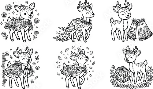Whimsical line art deer with floral cape and flower crown smiling and looking at camera surrounded by leaves books decorative elements close up outline black ink