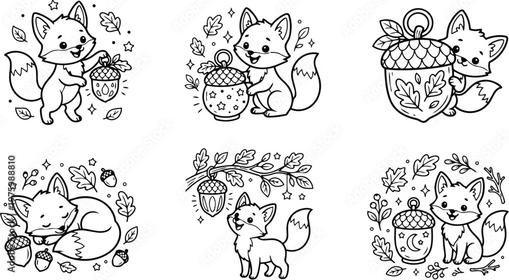 Obraz premium Cute cartoon fox holding acorn close up line art coloring page set with sleeping fox sitting fox standing under branch leaves stars moon lantern outline illustration