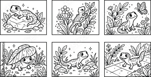 Whimsical hand drawn line art six gecko scenes close up various poses on rocks leaves and tiles looking at camera playful nature illustration for coloring page