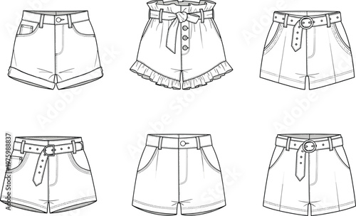 Set of women's shorts technical fashion flat sketches featuring denim styles, high waist, belt details, ruffles, vector line drawing collection