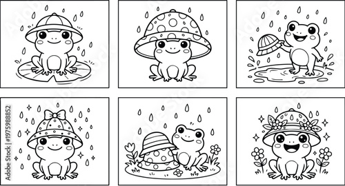 Cute frog wearing patterned rain hat sitting on lily pad looking at camera in cartoon coloring page set with raindrops flowers and playful line art black
