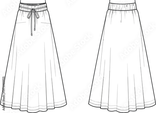 Technical fashion illustration of skirt front and back views with elastic waistband, drawstring tie, pockets, flared hem, garment design vector