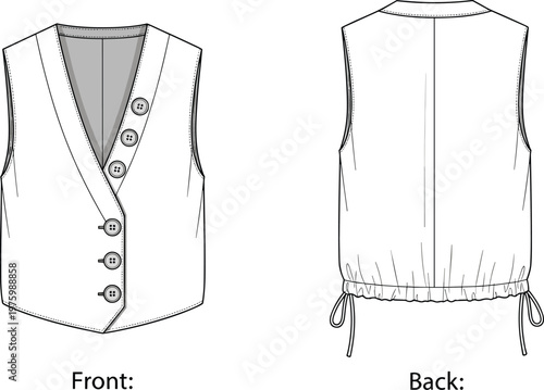 Technical fashion illustration of sleeveless vest front and back views with asymmetrical button closure, drawstring waistband, garment design vector