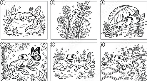 Whimsical line art close up smiling gecko resting on rock left panel and climbing a branch with butterfly under large leaf in garden scene playful hidden