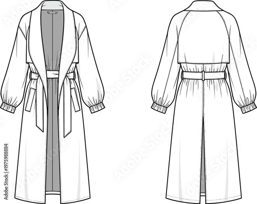 Technical fashion illustration of trench coat front and back views with wide lapel collar, belted waist, patch pockets, garment design vector