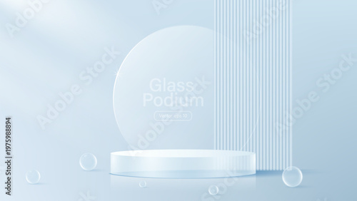 3D glass transparent crystal. Empty cylindrical pedestal. 3D cylinder and cube glass platforms set background. Vector realistic illustration of transparent plastic round and square
