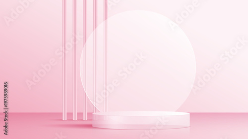3D glass transparent crystal. Empty cylindrical pedestal. 3D cylinder and cube glass platforms set background. Vector realistic illustration of transparent plastic round and square