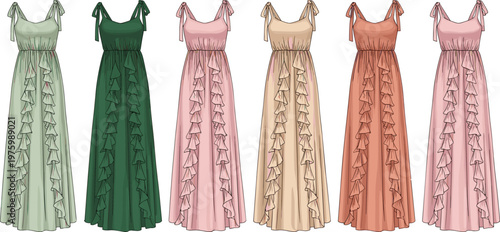 Women maxi dress collection with ruffle detail and tie shoulder straps, elegant fashion illustration in multiple colors isolated vector design