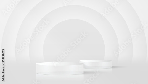 3D glass transparent crystal. Empty cylindrical pedestal. 3D cylinder and cube glass platforms set background. Vector realistic illustration of transparent plastic round and square