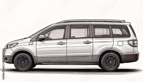 Silver Minivan Side View Illustration.
