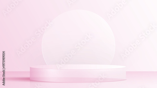3D glass transparent crystal. Empty cylindrical pedestal. 3D cylinder and cube glass platforms set background. Vector realistic illustration of transparent plastic round and square