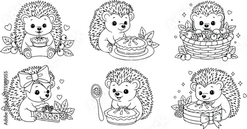 Cute line art close up hedgehog holding pie with berries and basket smiling looking at camera multiple poses clear outline coloring page playful warm mood adorable