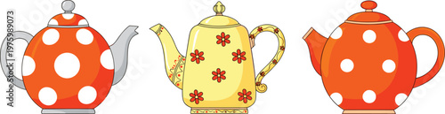 Colorful Teapot Collection with Polka Dot and Floral Designs for Kitchenware, Tea Time, and Home Decor Vector Illustration