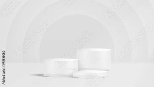 3D glass transparent crystal. Empty cylindrical pedestal. 3D cylinder and cube glass platforms set background. Vector realistic illustration of transparent plastic round and square