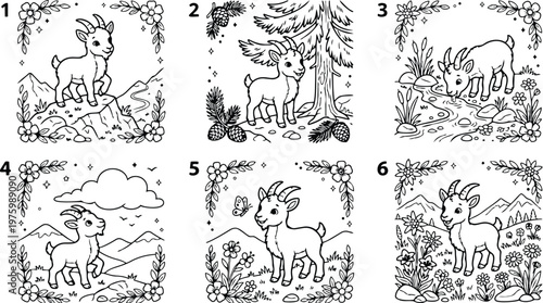 Coloring book style close up series of six framed baby goat illustrations showing different playful poses looking at camera grazing near stream pine tree mountain meadow