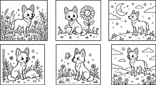 Whimsical hand drawn fox coloring panels six square frames cute foxes in wildflower meadow day night scenes close up smiling side view playful