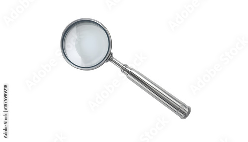 Magnifying glass with silver frame sits against white backdrop.