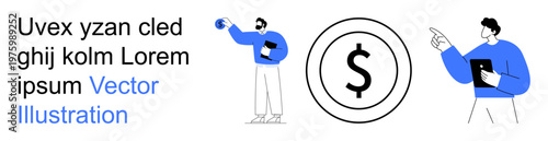 Business strategy, finance, teamwork, economic decisions, digital presentation, monetary concepts. Two figures in discussion with a dollar symbol. Business strategy and finance highlighted