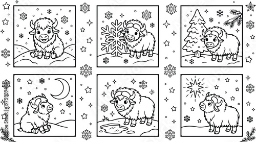 Cute cartoon yak in six square winter panels showing different playful poses sitting standing looking at moon stars tree snowflake puddle close up smiling and framed