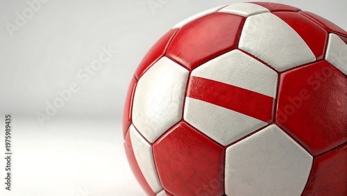 Close up of a red and white soccer ball on a white background Keywords: soccer ball, football, sport, game