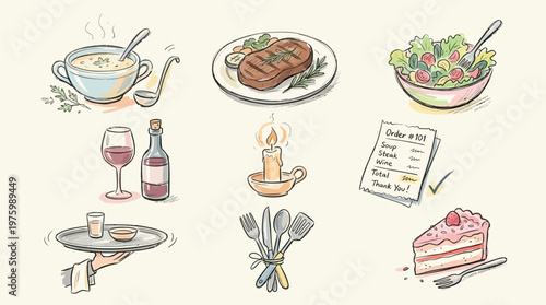 A charming hand-drawn illustration featuring a variety of delicious food and dining elements, perfect for a restaurant or culinary theme.