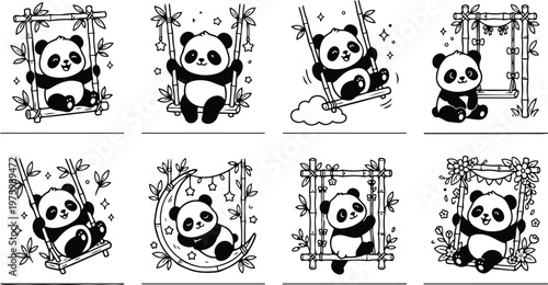 Cute line art panda illustrations close up on bamboo swing multiple poses looking at camera playful nursery coloring page style black and white gentle adorable whimsical