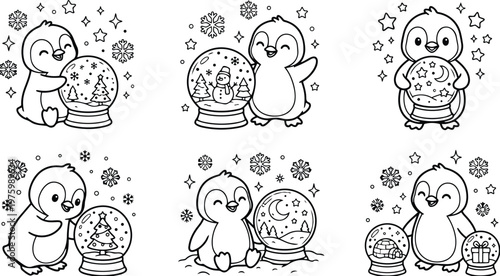 Cute penguin line art holding snow globe close up set of six winter coloring page illustrations with smiling characters sitting or standing in playful composition scenes