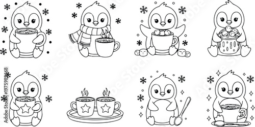 Line art close up penguin characters holding mugs with marshmallows sitting front view smiling looking at camera winter snowflakes cozy scarf spoon tray set cute illustration