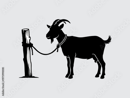 Black silhouette of a goat tied to a wooden post on a grey  background