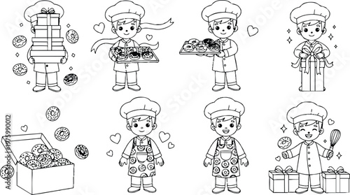 Cute cartoon baker boy holding stacked gift boxes and tray of donuts smiling and looking at camera wearing patterned apron and chef hat in playful bakery