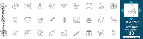 Pregnancy and maternity line icon set featuring motherhood, prenatal, healthcare, birth, clinic, baby, and woman. Professional editable vector illustration.

