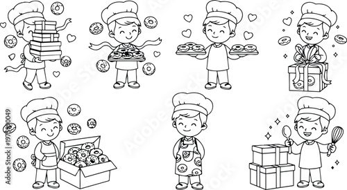 Cute cartoon baker boy wearing chef hat and apron holding multiple donut trays boxes and gift packages smiling looking at camera in line art illustration set