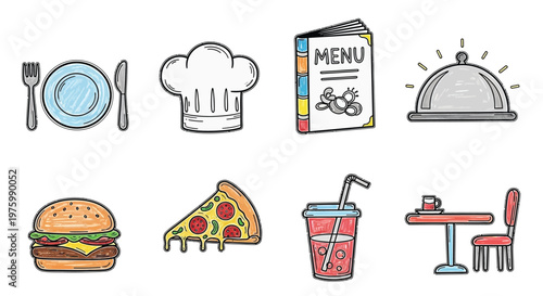 A collection of hand-drawn icons representing various aspects of dining and food service, including a place setting, chef's hat, menu, cloche, burger, pizza slice, soda, and a table setting.