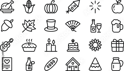 Holiday and celebration line icons set with food drink gifts decorations and seasonal symbols vector illustration collection