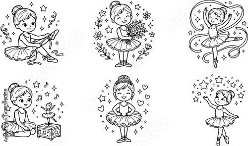 Line art grid of six little ballerina girls in tutu performing different poses tying shoes holding bouquet dancing with ribbon musical box starry background cute whimsical