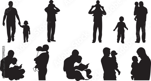 Father and child silhouettes set, collection of 9 vector icons of dads with children, parenting and fatherhood concept graphics for family designs
