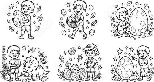 Line art coloring page boy holding large decorated egg with dinosaur friend and explorer hat in playful easter scene with stars leaves smiling panels joyful mood