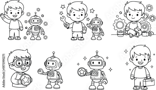Cute line art child with robot toy waving and holding wrench and star close up multiple robotics scenes with gears and smiling expressions goggles briefcase educational