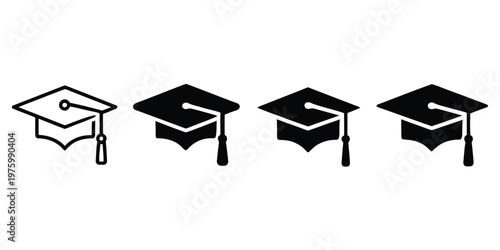 Graduation cap icon collection featuring different styles of academic mortarboard hats, representing education, university, learning, achievement, and academic success.