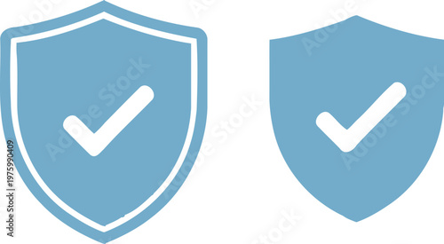 Two light blue shield icons with white checkmarks representing security protection and trustworthiness in a digital context