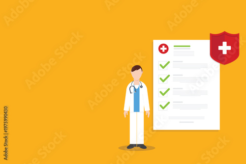 Health Insurance Approval Concept with Doctor Checklist and Medical Protection Shield